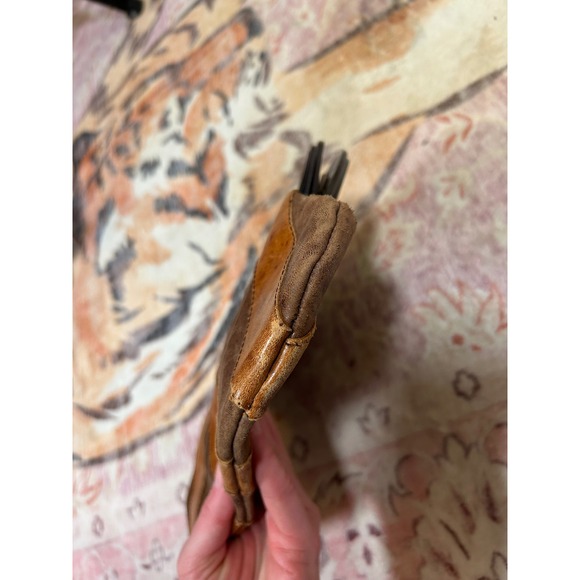 Vintage Patchwork Leather Clutch Bag Brown Striped Tortoiseshell Frame Handbag - Picture 4 of 5